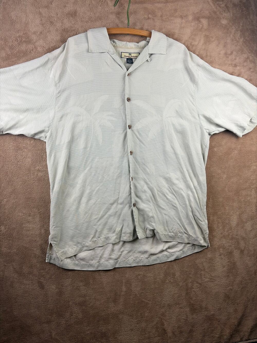 Tommy Bahama Men's Large Mint Green Silk Camp Shirt Palm Tree Jacquard Tropical